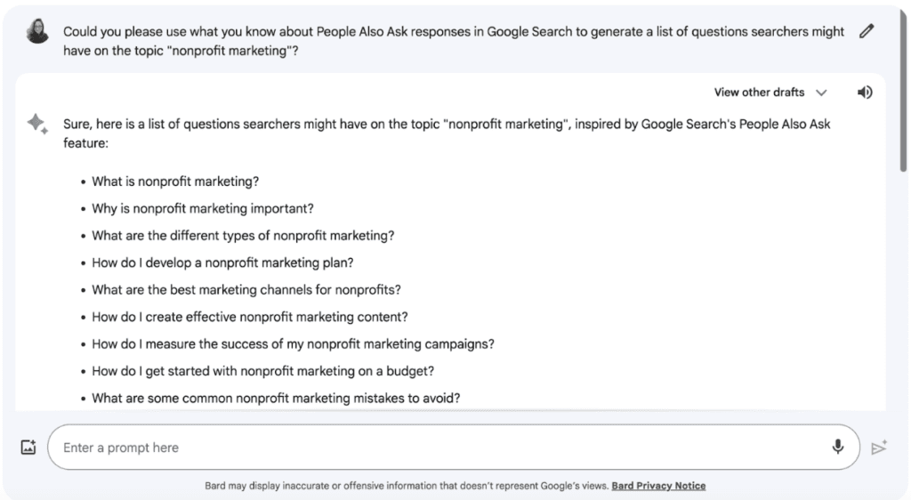 An image shows a Google Bard chat window with a user’s initial inquiry about People Also Ask questions and Google Bard’s generated responses.